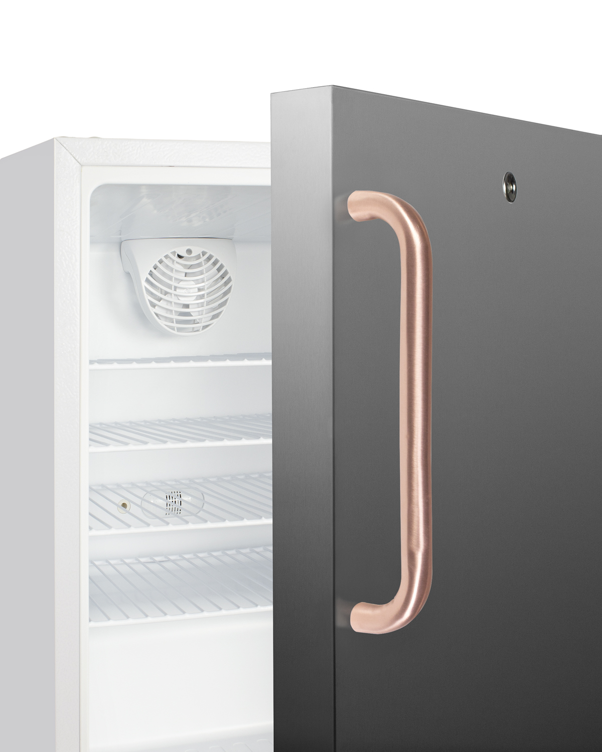 Built-in undercounter ADA compliant +2 C to +8 C all-refrigerator with white cabinet and stainless steel door, pure copper towel bar handle, lock, digital controls, wire shelving, hospital cord with 'green dot' plug, factory installed access port, and automatic defrost operation